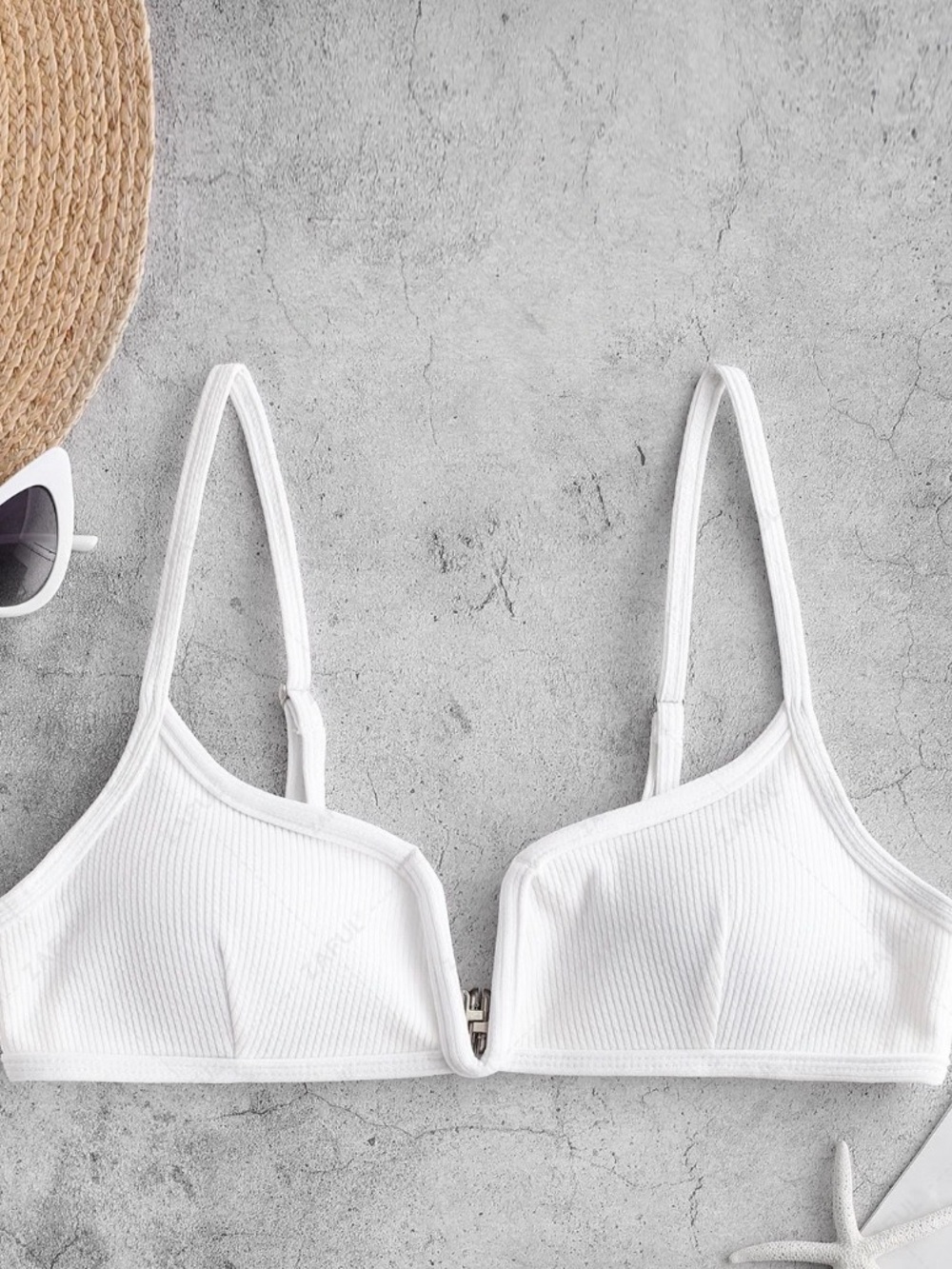 Zaful White Ribbed Front-Clasp Swim Bralette